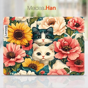 Adesivo para laptop Yoga 7 2 em 1 16IML9, adesivo personalizado com flores de arte personalizadas e design de gato de desenho animado para Legion Yoga Thinkbook Ideapad Thinkpad
