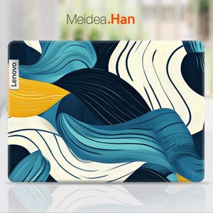 May include: A laptop skin with an abstract design featuring blue, white, and yellow wavy lines. The skin has the word "Lenovo" printed on the left side.