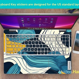 May include: A laptop computer with a keyboard sticker featuring a blue and white abstract design. The sticker is designed for a US standard keyboard layout. The text "Lenovo" and "Meidea.Han" are visible on the laptop.