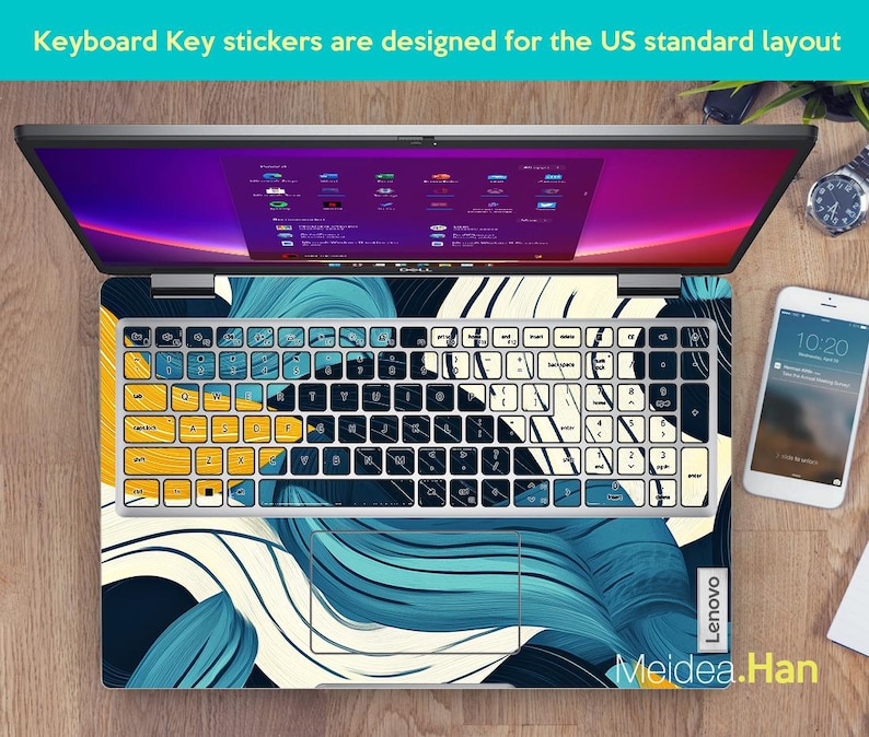 May include: A laptop computer with a keyboard sticker featuring a blue and white abstract design. The sticker is designed for a US standard keyboard layout. The text "Lenovo" and "Meidea.Han" are visible on the laptop.