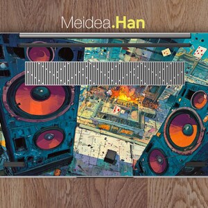 May include: Laptop skin with a colourful, abstract design of a boombox featuring large orange speakers and a cityscape. The design incorporates shades of blue, orange, and purple, with the text "Meidea.Han" at the top.