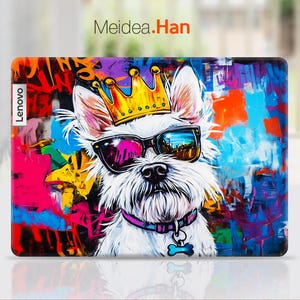 May include: A white dog with a crown on its head and sunglasses is depicted on a colorful, abstract background. The dog is wearing a collar with a bone charm. The background features a variety of colors, including red, blue, yellow, and green. The text "Lenovo" is visible in the upper left corner of the image.
