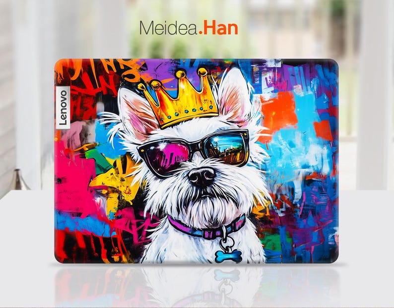 May include: A white dog with a crown on its head and sunglasses is depicted against a colourful, abstract background. The dog is wearing a collar with a bone charm. The background features a variety of colours, including red, blue, yellow, and green. The text "Lenovo" is visible in the top left corner of the image.