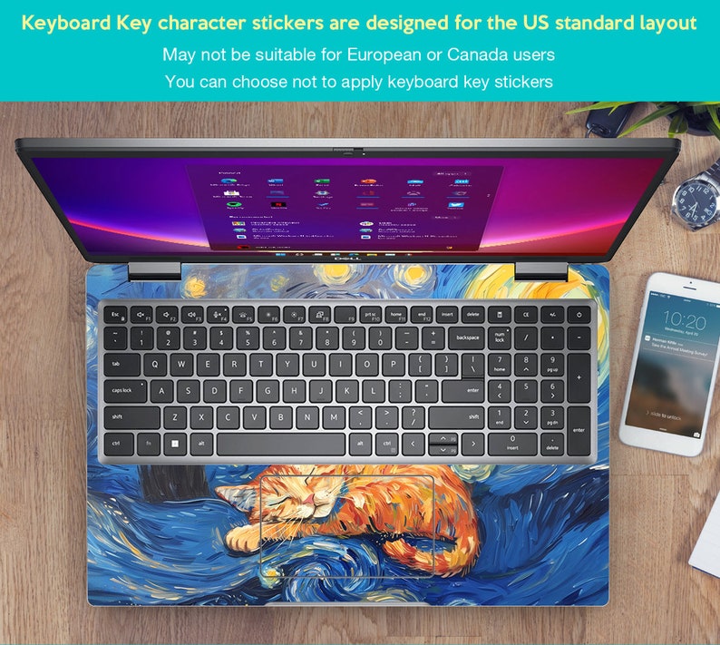 May include: A laptop computer with a keyboard sticker featuring a stylized painting of a cat sleeping on a blue and yellow background. The keyboard sticker is designed for US standard keyboards. The text "Keyboard Key character stickers are designed for the US standard layout" is visible at the top of the image. The text "May not be suitable for European or Canada users" is visible below the first line of text. The text "You can choose not to apply keyboard key stickers" is visible below the second line of text.