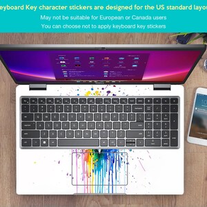 Pu&ograve; includere: Un laptop con una cover per tastiera bianca con disegni di schizzi di vernice colorati. La tastiera ha tasti neri e lo schermo mostra un'interfaccia viola e rosa. Sono visibili anche uno smartphone e un orologio.