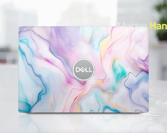 May include: A laptop skin with a swirling abstract design in shades of purple, blue, and gold. The Dell logo is in the centre. The design has a marble-like appearance with flowing lines and a glossy finish.