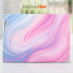 May include: A pink and blue laptop skin with a swirling marble pattern. The skin has the word "Lenovo" printed on the left side.
