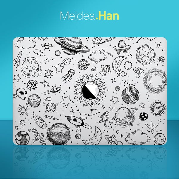 Czarna przezroczysta naklejka na laptopa Macbook Pro 16. Naklejka z konturem planety. Spersonalizowany prezent. Przezroczysta naklejka z nadrukiem na Maca.