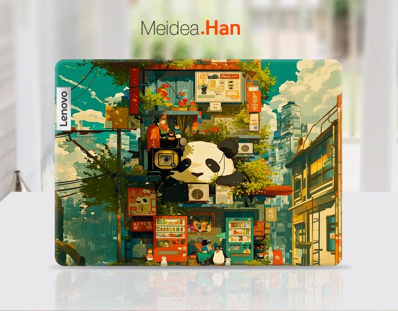 K&ouml;nnte beinhalten: Eine farbenfrohe Laptop-Haut mit einem Panda-Motiv und einem Stadtbild im Hintergrund. Die Haut tr&auml;gt den Text "Lenovo" und "Meidea.Han".