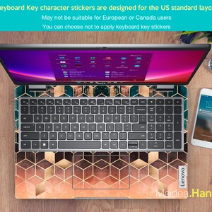 May include: A laptop computer with a geometric pattern keyboard sticker. The sticker features a hexagonal pattern with gold and orange accents. The laptop screen is displaying a desktop with multiple icons. The text "Lenovo" is visible on the bottom right corner of the laptop. The text "Meidea.Han" is visible on the bottom right corner of the image.