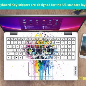Pu&ograve; includere: Laptop con adesivi per tasti della tastiera progettati per il layout standard USA. Gli adesivi presentano arte astratta colorata. Il laptop &egrave; aperto, mostrando uno schermo con una sfumatura viola e rosa.