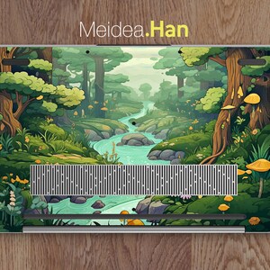 May include: A laptop computer with a colorful forest scene on the back. The scene features a winding stream, green trees, and yellow mushrooms.