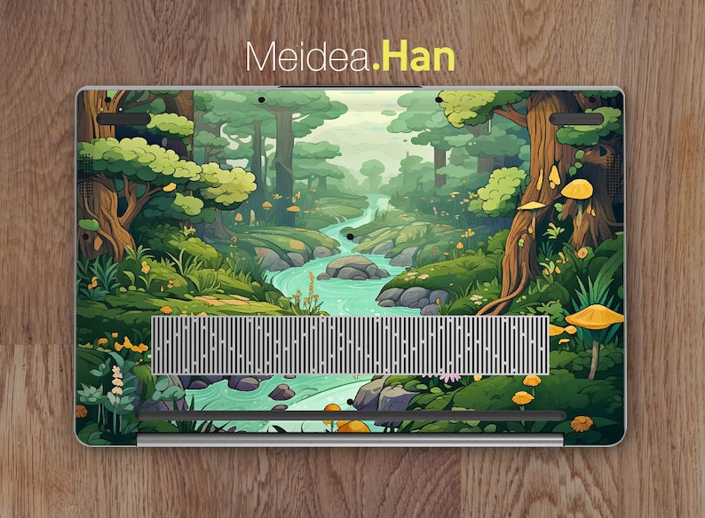 May include: A laptop computer with a colorful forest scene on the back. The scene features a winding stream, green trees, and yellow mushrooms.