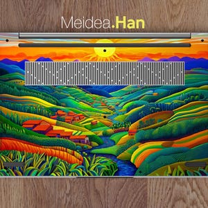 May include: A laptop skin featuring a colourful, abstract design of a valley with a river running through it. The design includes a sunset with a sun in the centre of the image. The text "Meidea.Han" is printed at the top of the image.