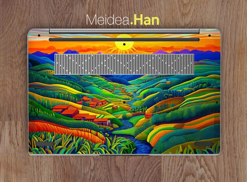 May include: A laptop skin featuring a colourful, abstract design of a valley with a river running through it. The design includes a sunset with a sun in the centre of the image. The text "Meidea.Han" is printed at the top of the image.