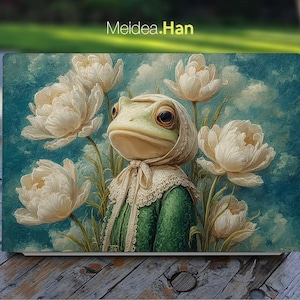 May include: An artistic illustration depicts a frog in a green outfit and white bonnet, set amongst large white flowers against a blue sky. The text "Meidea.Han" is in the upper left corner.