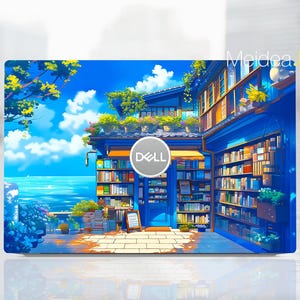 May include: A blue and yellow laptop skin with a whimsical illustration of a bookstore with a blue sky and ocean in the background. The Dell logo is featured on the skin.