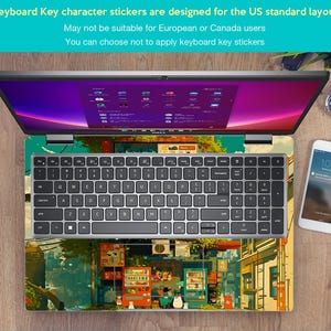 K&ouml;nnte beinhalten: Ein Laptop mit einer Tastatur und einem bunten Aufkleber auf der Unterseite. Der Aufkleber zeigt eine japanische Stadtlandschaft mit Geb&auml;uden, B&auml;umen und Verkaufsautomaten. Der Laptop-Bildschirm zeigt einen Desktop mit mehreren Symbolen.