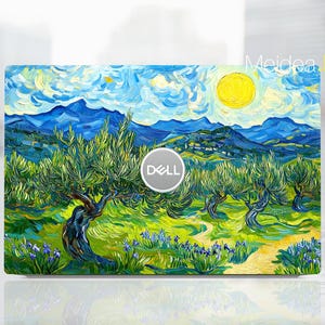 May include: A laptop skin featuring a vibrant painting of a landscape with a blue sky, yellow sun, and green trees. The Dell logo is visible in the center of the image.