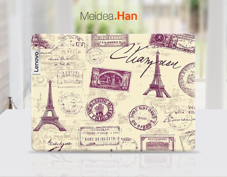 May include: A laptop skin with a vintage Parisian theme. The design features a repeating pattern of stamps, Eiffel Tower, and the word "Champagne". The skin is beige with purple accents.