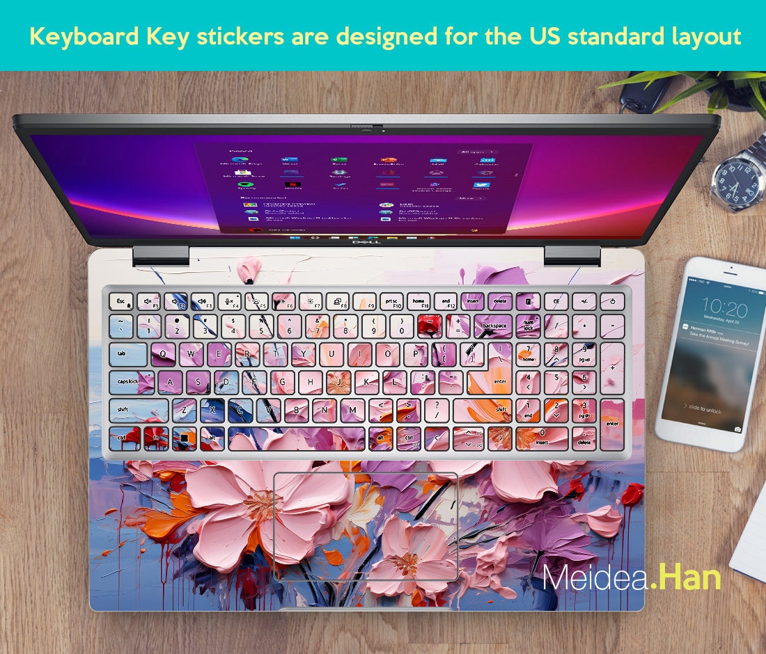 Custom Laptop Skin Hp Accessories Unique Gift Pink Flowers Patterns Oil ...