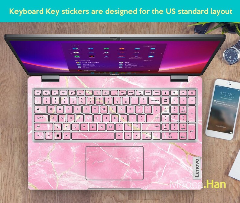 May include: Pink marble keyboard stickers designed for a US standard layout laptop keyboard. The stickers feature a pink marble pattern with gold accents. The stickers are labeled with the letters and numbers of a standard keyboard.