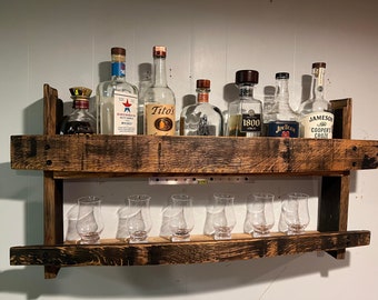 Barrel stave shelf, whiskey barrel shelf, rustic wall display, Bourbon barrel cabinet, upcycled liquor display shelf, bar furniture