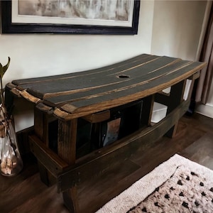 Bourbon barrel bench, whiskey stave bench, barrel stave bench, entryway bench, reclaimed wood hallway seat, rustic barrel furniture