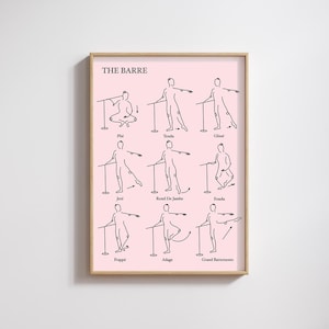 May include: A pink and white printable poster with black line drawings of ballet barre exercises. The poster includes the names of the exercises in French, such as "Tendu", "Glissé", and "Jeté".