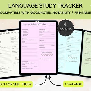 Può includere: Tre modelli di tracciamento dello studio linguistico digitali in rosa, blu e verde. Ogni modello ha sezioni per tracciare la lettura, la scrittura, il parlato e l'ascolto. I modelli sono compatibili con Goodnotes e Notability.