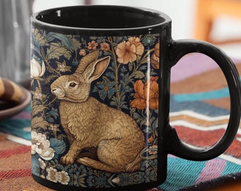 Ceramic Rabbit black coffee mug William Morris inspired Hot chocolate mug Dark Cottagecore Bunny kitchenware Forestcore Hare gift for her
