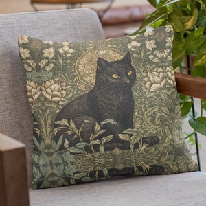 Black cat pillow case William Morris inspired throw pillow 20x20 pillow covers 18x18 Cat lover gift Cottagecore pillow Aesthetic pillows