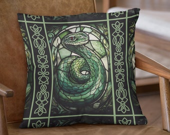 Dark Cottagecore stained glass snake trendy throw pillow covers 20x20 / Enchanted forest Book nook sofa pillow case gift for nerds