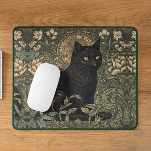 Black Cat mousepad aesthetic / Green William Morris inspired floral desk top decor / Cottagecore nature lover gift for crazy cat lady