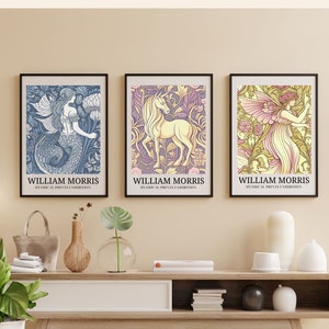 3 piece wall art, William Morris inspired, triptych wall art, gallery wall set, Mermaid wall art, Fairy wall decor, Unicorn wall art,