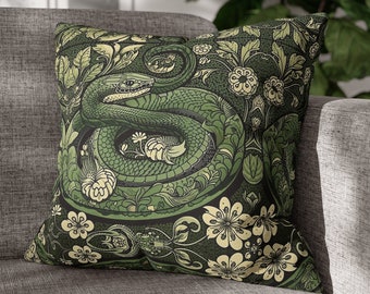 Enchanted forest Snake pillow case William Morris inspired pillow cover 20x20 Green throw pillow case Fantasy decor Leaf pillow Nerdy gifts