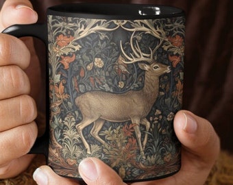 Hirsch Keramik schwarz Kaffeetasse Zauberwald Natur Liebhaber Geschenk für Uroma William Morris inspiriert Bestseller Tassen für Freundin