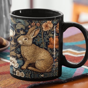 Ceramic Rabbit black coffee mug William Morris inspired Hot chocolate mug Dark Cottagecore Bunny kitchenware Forestcore Hare gift for her