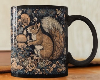 Faux Embroidery Squirrel ceramic Coffee mug / Dark Cottagecore Drinkware gift for girlfriend / William Morris inspired cute mushroom mug