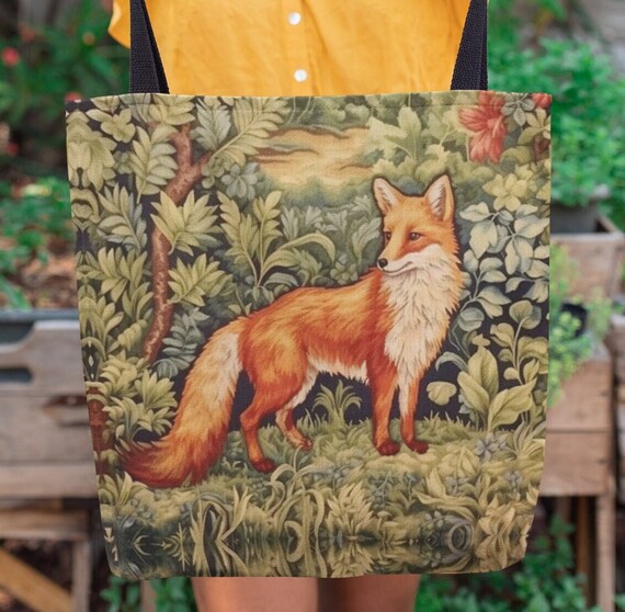 Red Fox Tote Bag Aesthetic Cottagecore William Morris Inspired Reusable Grocery Bag Enchanted Forest Medieval Shoulder Bag Etsy