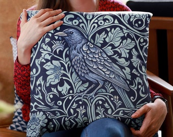 Forestcore Raven art pillow case Edgar Allan Poe William Morris inspired 20x20 pillow cover Decorative pillow Enchanted forest Crow gifts