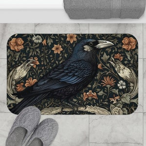 Crow decor William Morris inspired bath mat Edgar Allen Poe Raven gift Cool bathroom Floral shower mat Dark gift Gothic Dark cottagecore