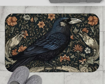 Crow decor William Morris inspired bath mat Edgar Allen Poe Raven gift Cool bathroom Floral shower mat Dark gift Gothic Dark cottagecore