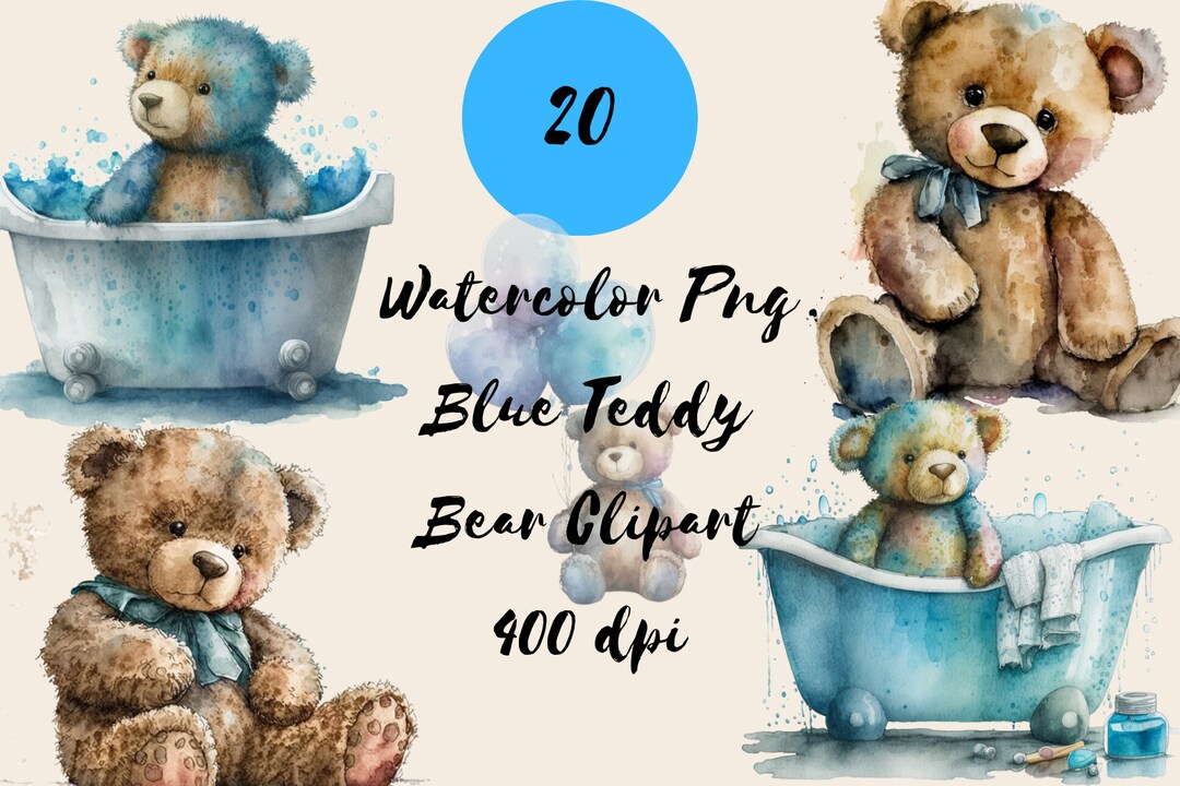 Blue Teddy Bear Watercolor Clipart Set, Baby Boy Shower Decorations ...