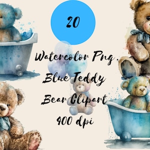 Blue Teddy Bear Watercolor Clipart Set, Baby Boy Shower Decorations, Commercial Use PNGs, Balloon Illustrations 400dpi, Transparent