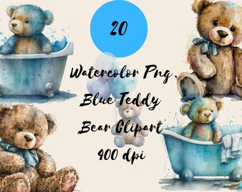 Blue Teddy Bear Watercolor Clipart Set, Baby Boy Shower Decorations, Commercial Use PNGs, Balloon Illustrations 400dpi, Transparent