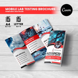 May include: A brochure for mobile lab testing services. The brochure is white with red and gray accents. Text includes "Mobile Lab Testing Brochure," "Our Services," and "Advanced Laboratory Services." The brochure is tri-fold and features images of lab work.