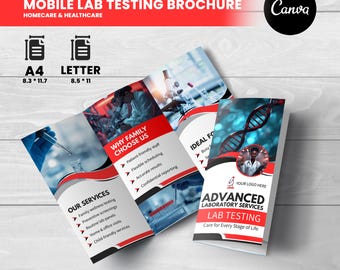 Może przedstawiać: Broszura dla mobilnych usług testowania laboratoryjnego. Broszura jest biała z czerwonymi i szarymi akcentami. Tekst zawiera "Mobile Lab Testing Brochure", "Our Services" i "Advanced Laboratory Services". Broszura jest składana w trzy części i zawiera zdjęcia z prac laboratoryjnych.