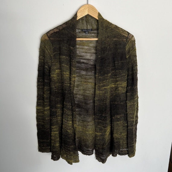 Eileen Fisher Mohair Blend Sweater Small Green Black Camo Long 