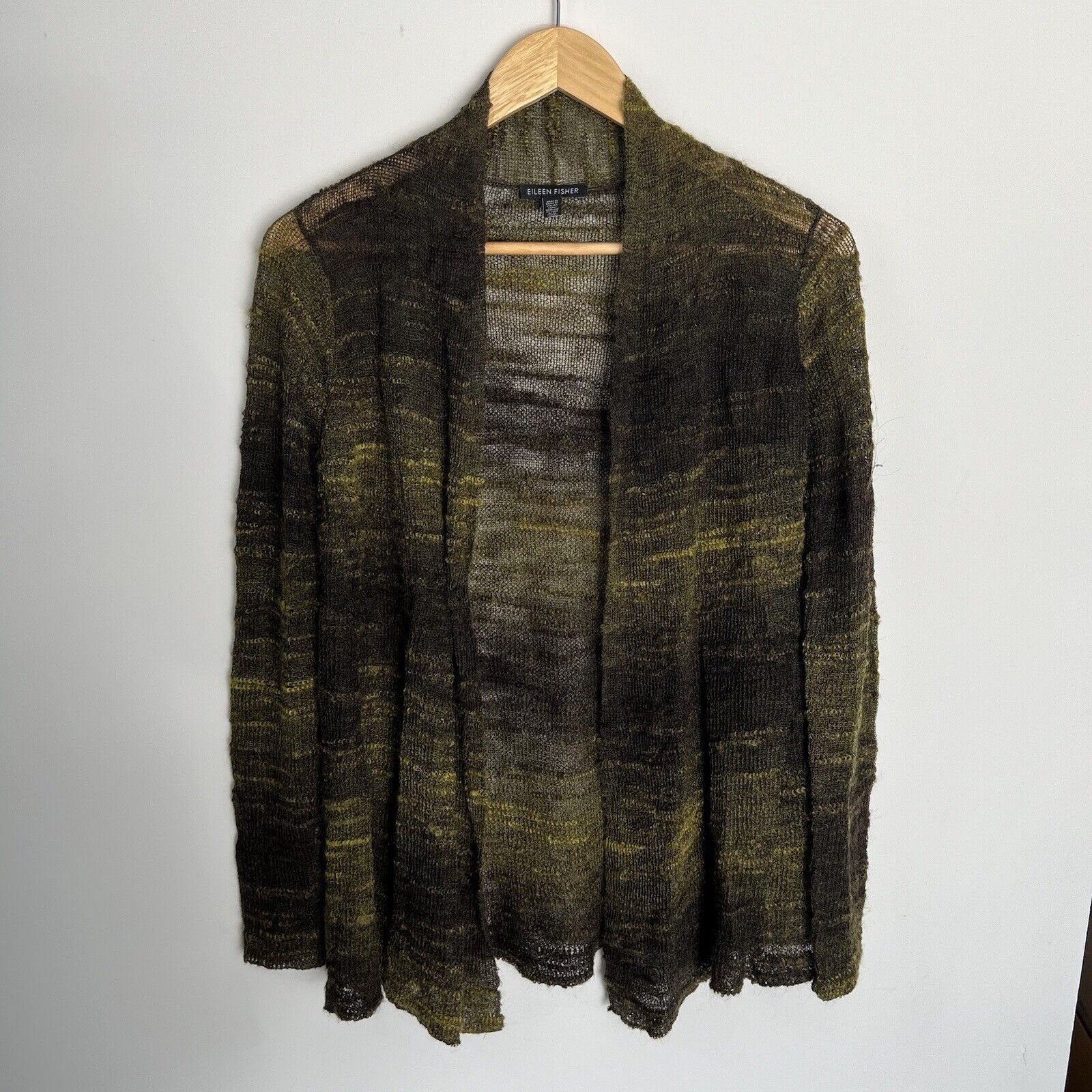 Eileen Fisher Mohair Blend Sweater Small Green Black Camo Long 
